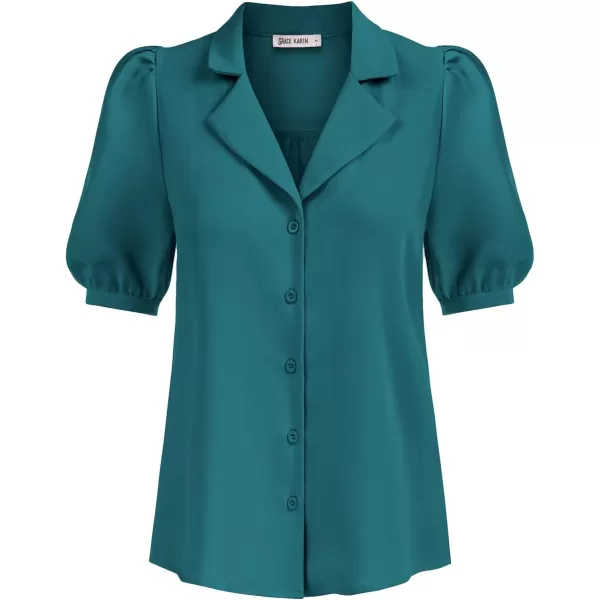 GRACE KARIN Womens Button Down Shirts Short Sleeve Long Sleeve Business Casual Tops V Neck BlousePeacock Green