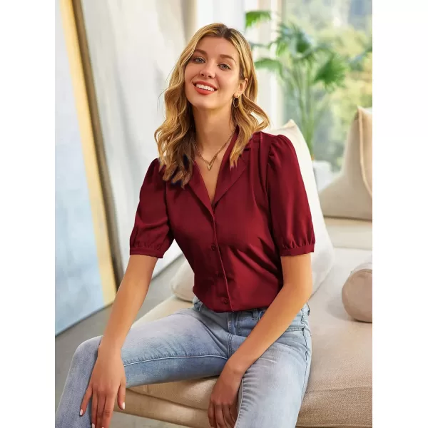 GRACE KARIN Womens Button Down Shirts Short Sleeve Long Sleeve Business Casual Tops V Neck BlouseWine Red