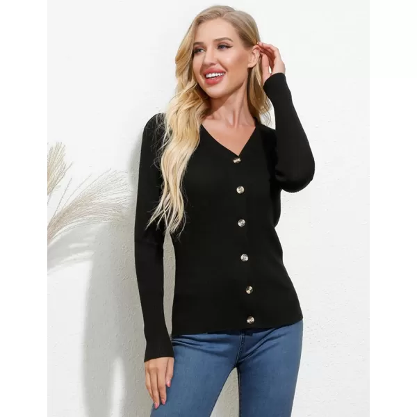 GRACE KARIN Womens Button Down Vee Neck Long Sleeve Rib Knit Cardigan SweatersBlack