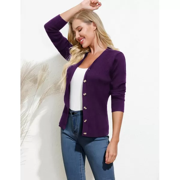 GRACE KARIN Womens Button Down Vee Neck Long Sleeve Rib Knit Cardigan SweatersDark Purple