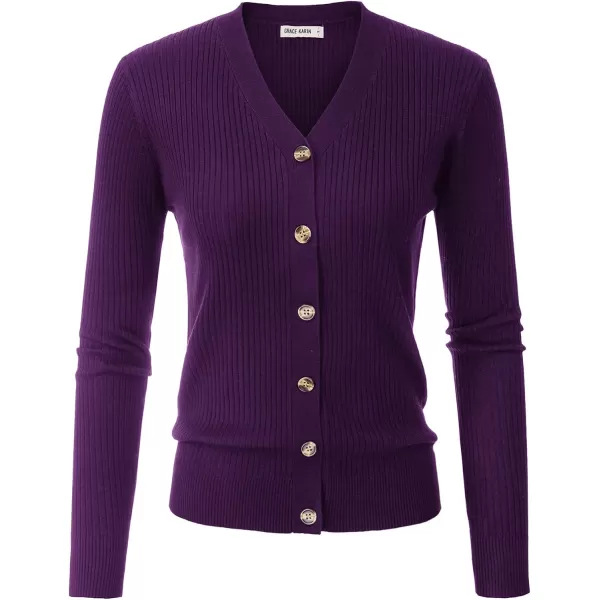 GRACE KARIN Womens Button Down Vee Neck Long Sleeve Rib Knit Cardigan SweatersDark Purple
