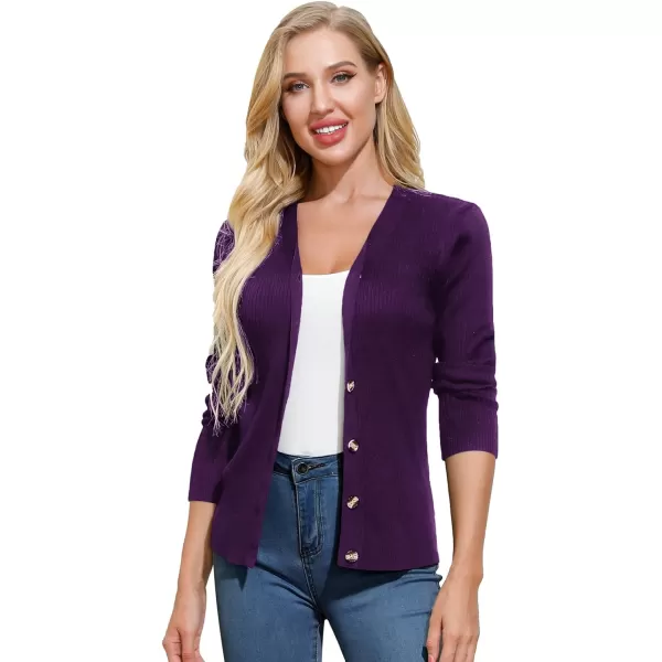 GRACE KARIN Womens Button Down Vee Neck Long Sleeve Rib Knit Cardigan SweatersDark Purple