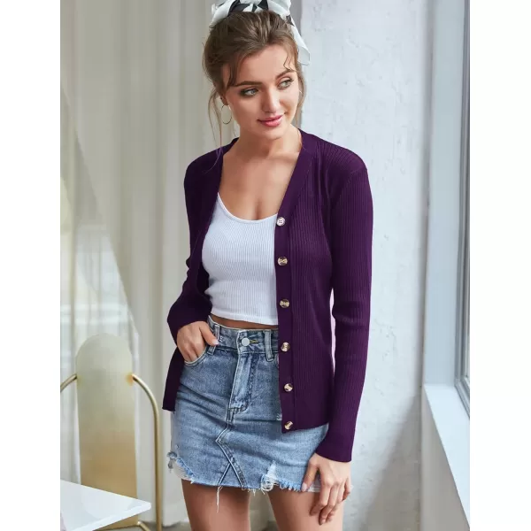 GRACE KARIN Womens Button Down Vee Neck Long Sleeve Rib Knit Cardigan SweatersDark Purple