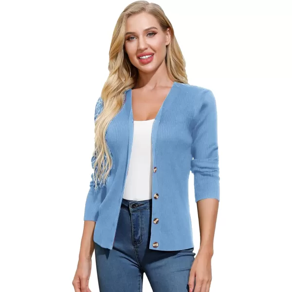 GRACE KARIN Womens Button Down Vee Neck Long Sleeve Rib Knit Cardigan SweatersLight Blue