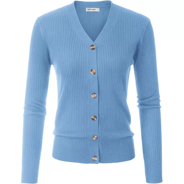 GRACE KARIN Womens Button Down Vee Neck Long Sleeve Rib Knit Cardigan SweatersLight Blue