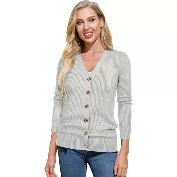 GRACE KARIN Womens Button Down Vee Neck Long Sleeve Rib Knit Cardigan SweatersLight Grey Heather