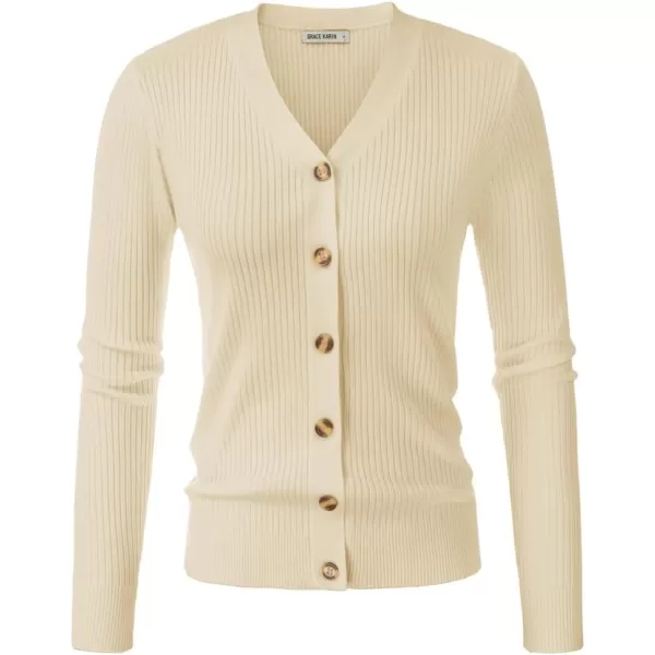 GRACE KARIN Womens Button Down Vee Neck Long Sleeve Rib Knit Cardigan SweatersNude