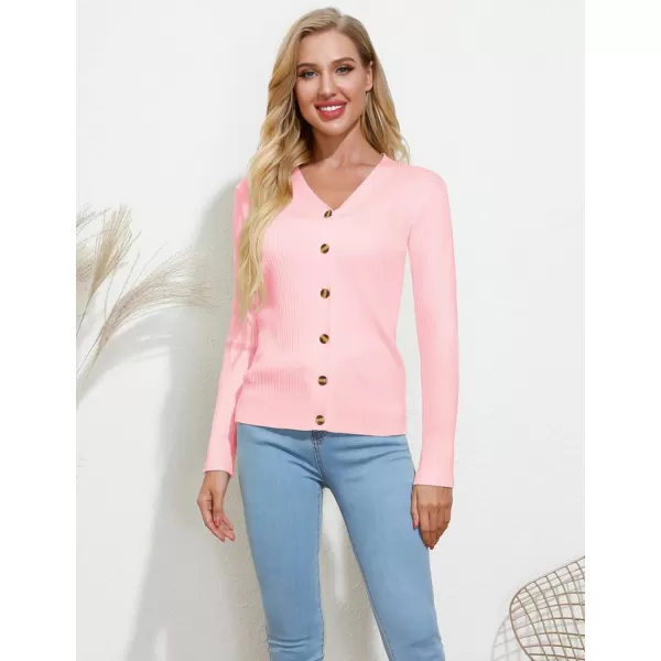 GRACE KARIN Womens Button Down Vee Neck Long Sleeve Rib Knit Cardigan SweatersPink