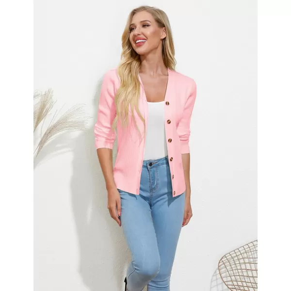 GRACE KARIN Womens Button Down Vee Neck Long Sleeve Rib Knit Cardigan SweatersPink