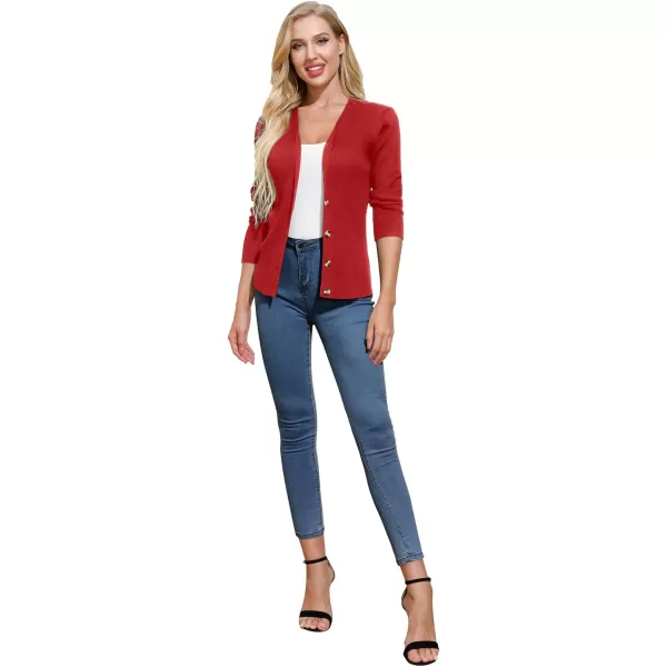 GRACE KARIN Womens Button Down Vee Neck Long Sleeve Rib Knit Cardigan SweatersRed