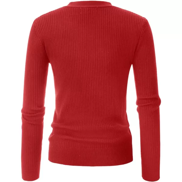 GRACE KARIN Womens Button Down Vee Neck Long Sleeve Rib Knit Cardigan SweatersRed