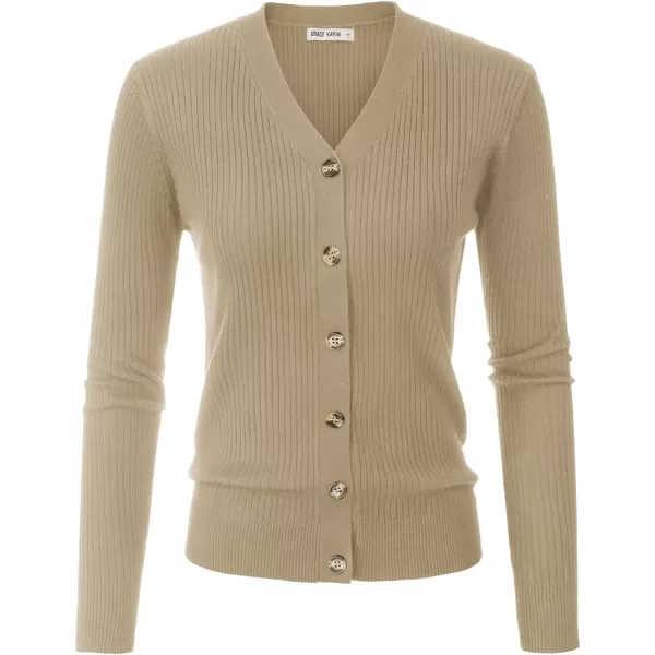 GRACE KARIN Womens Button Down Vee Neck Long Sleeve Rib Knit Cardigan SweatersTan Khaki