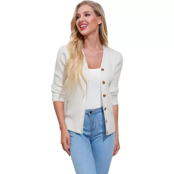 GRACE KARIN Womens Button Down Vee Neck Long Sleeve Rib Knit Cardigan SweatersWhite