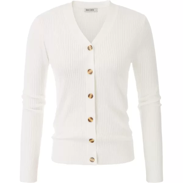 GRACE KARIN Womens Button Down Vee Neck Long Sleeve Rib Knit Cardigan SweatersWhite