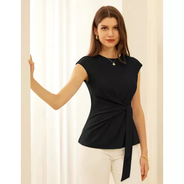 GRACE KARIN Womens Cap Sleeve Tops Summer Tie Waist Crew Neck Elegant Blouse Dressy Casual Solid Color ShirtsBlack