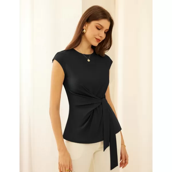 GRACE KARIN Womens Cap Sleeve Tops Summer Tie Waist Crew Neck Elegant Blouse Dressy Casual Solid Color ShirtsBlack