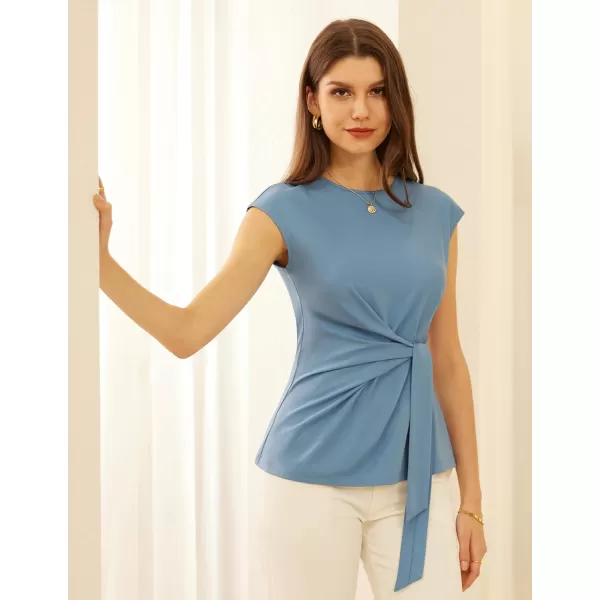 GRACE KARIN Womens Cap Sleeve Tops Summer Tie Waist Crew Neck Elegant Blouse Dressy Casual Solid Color ShirtsGray Blue