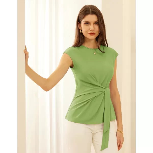 GRACE KARIN Womens Cap Sleeve Tops Summer Tie Waist Crew Neck Elegant Blouse Dressy Casual Solid Color ShirtsGreen