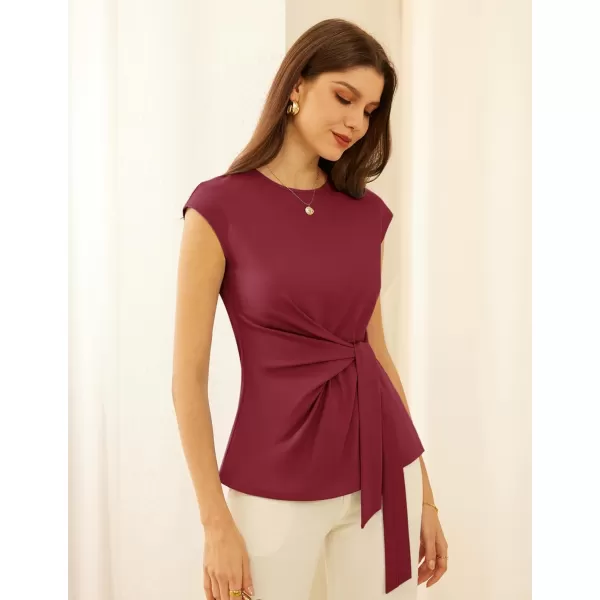 GRACE KARIN Womens Cap Sleeve Tops Summer Tie Waist Crew Neck Elegant Blouse Dressy Casual Solid Color ShirtsWine Red