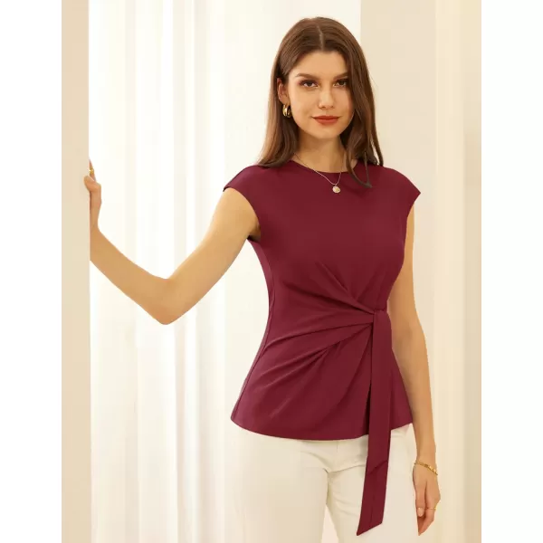 GRACE KARIN Womens Cap Sleeve Tops Summer Tie Waist Crew Neck Elegant Blouse Dressy Casual Solid Color ShirtsWine Red