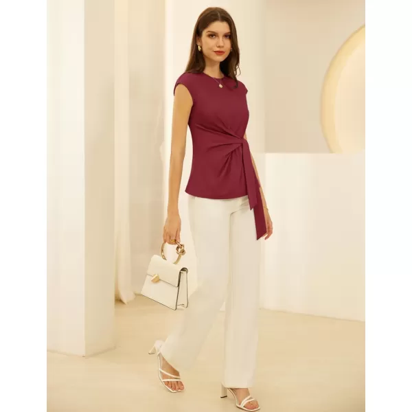 GRACE KARIN Womens Cap Sleeve Tops Summer Tie Waist Crew Neck Elegant Blouse Dressy Casual Solid Color ShirtsWine Red