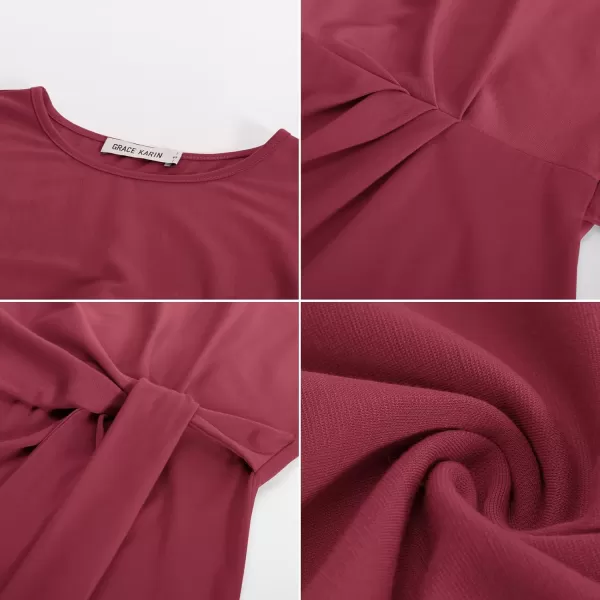 GRACE KARIN Womens Cap Sleeve Tops Summer Tie Waist Crew Neck Elegant Blouse Dressy Casual Solid Color ShirtsWine Red