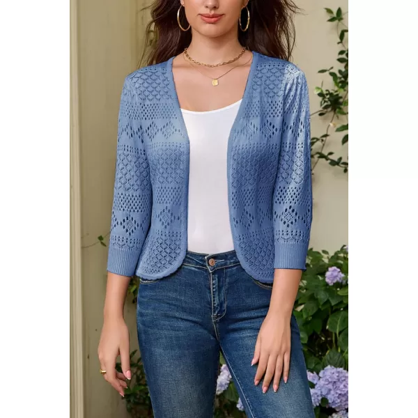 GRACE KARIN Womens Cardigans 34 Sleeve Open Front Cropped Cardigan Hollow Out Knit Shrugs for 2024 SummerGray Blue