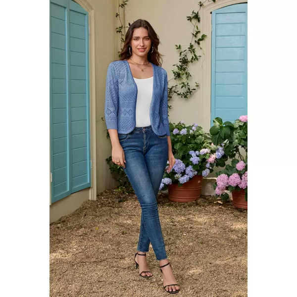 GRACE KARIN Womens Cardigans 34 Sleeve Open Front Cropped Cardigan Hollow Out Knit Shrugs for 2024 SummerGray Blue