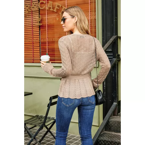 GRACE KARIN Womens Cardigans HollowedOut Open Front Knitwear Sweater with BeltKhaki