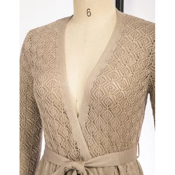 GRACE KARIN Womens Cardigans HollowedOut Open Front Knitwear Sweater with BeltKhaki