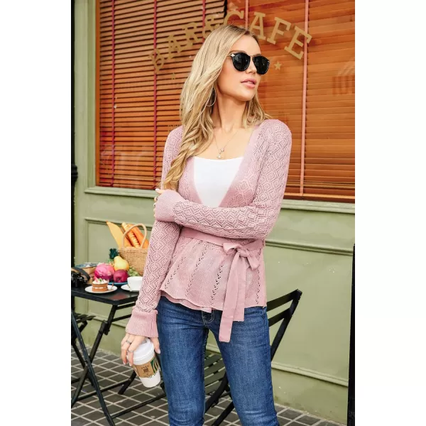 GRACE KARIN Womens Cardigans HollowedOut Open Front Knitwear Sweater with BeltLight Pink