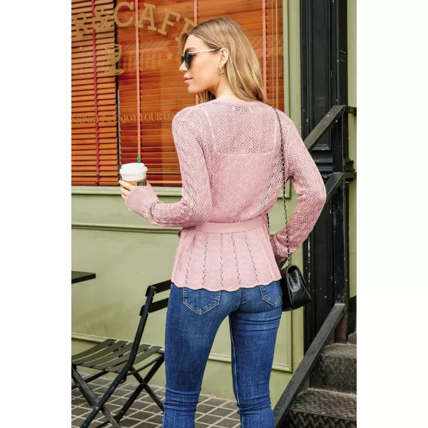 GRACE KARIN Womens Cardigans HollowedOut Open Front Knitwear Sweater with BeltLight Pink