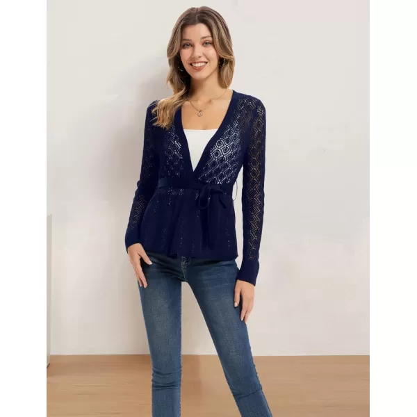 GRACE KARIN Womens Cardigans HollowedOut Open Front Knitwear Sweater with BeltNavy Blue