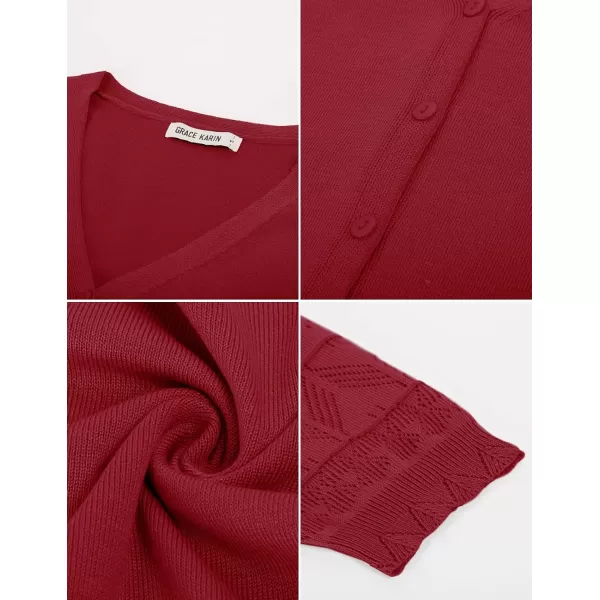 GRACE KARIN Womens Cardigans Shrugs for Dresses 34 Sleeve Cardigan V Neck Button Down Sweater LightweightDark Red