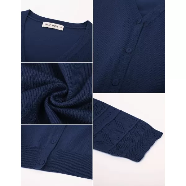 GRACE KARIN Womens Cardigans Shrugs for Dresses 34 Sleeve Cardigan V Neck Button Down Sweater LightweightNavy Blue
