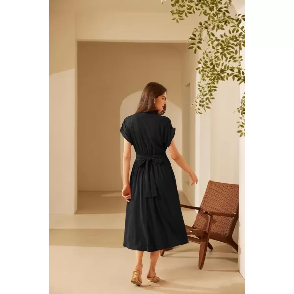 GRACE KARIN Womens Casual Linen Dresses 2024 Summer V Neck A Line Midi Dress with PocketsBlack