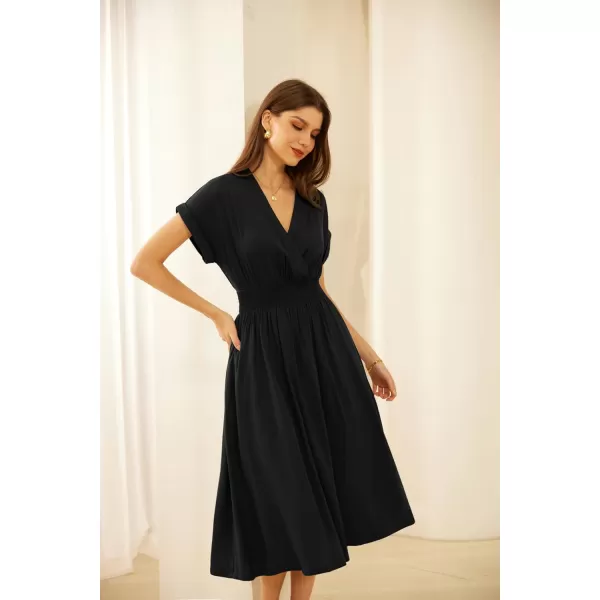 GRACE KARIN Womens Casual Linen Dresses 2024 Summer V Neck A Line Midi Dress with PocketsBlack