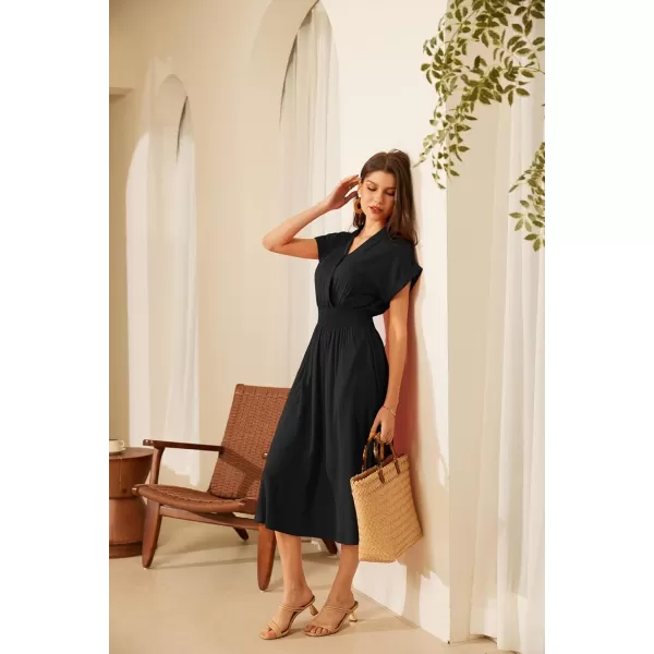 GRACE KARIN Womens Casual Linen Dresses 2024 Summer V Neck A Line Midi Dress with PocketsBlack