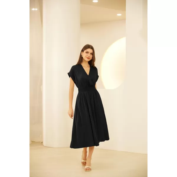 GRACE KARIN Womens Casual Linen Dresses 2024 Summer V Neck A Line Midi Dress with PocketsBlack