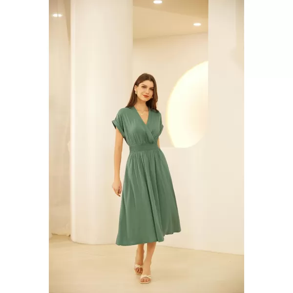 GRACE KARIN Womens Casual Linen Dresses 2024 Summer V Neck A Line Midi Dress with PocketsGray Green