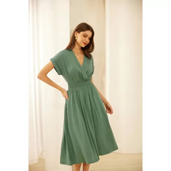 GRACE KARIN Womens Casual Linen Dresses 2024 Summer V Neck A Line Midi Dress with PocketsGray Green