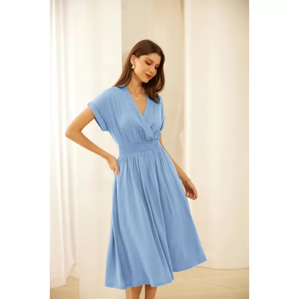 GRACE KARIN Womens Casual Linen Dresses 2024 Summer V Neck A Line Midi Dress with PocketsLight Blue