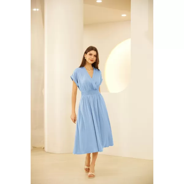 GRACE KARIN Womens Casual Linen Dresses 2024 Summer V Neck A Line Midi Dress with PocketsLight Blue