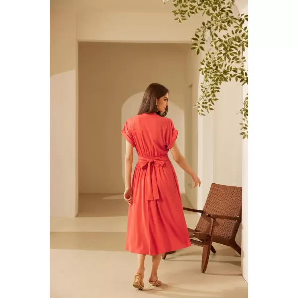 GRACE KARIN Womens Casual Linen Dresses 2024 Summer V Neck A Line Midi Dress with PocketsOrange Red