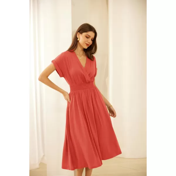 GRACE KARIN Womens Casual Linen Dresses 2024 Summer V Neck A Line Midi Dress with PocketsOrange Red