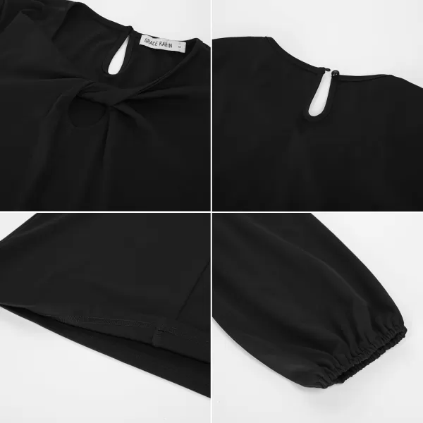 GRACE KARIN Womens Casual Long Sleeve Front Twist Knot Blouse Cutout Keyhole V Neck Solid Fall Tee Shirts Tunic TopsBlack