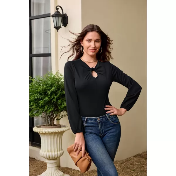 GRACE KARIN Womens Casual Long Sleeve Front Twist Knot Blouse Cutout Keyhole V Neck Solid Fall Tee Shirts Tunic TopsBlack
