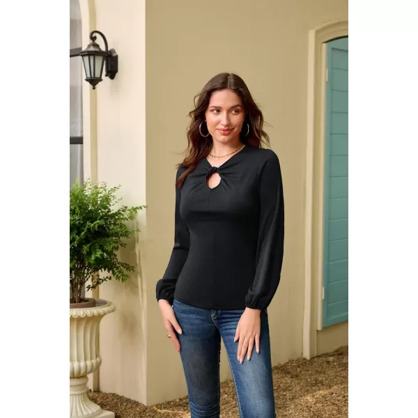 GRACE KARIN Womens Casual Long Sleeve Front Twist Knot Blouse Cutout Keyhole V Neck Solid Fall Tee Shirts Tunic TopsBlack