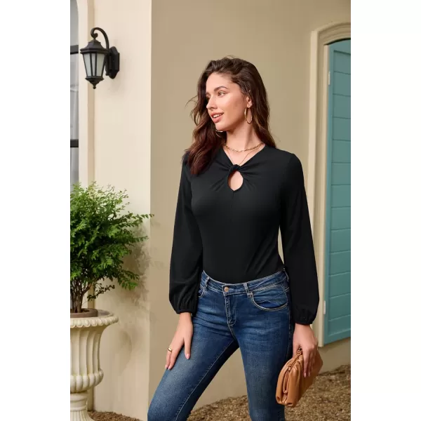 GRACE KARIN Womens Casual Long Sleeve Front Twist Knot Blouse Cutout Keyhole V Neck Solid Fall Tee Shirts Tunic TopsBlack