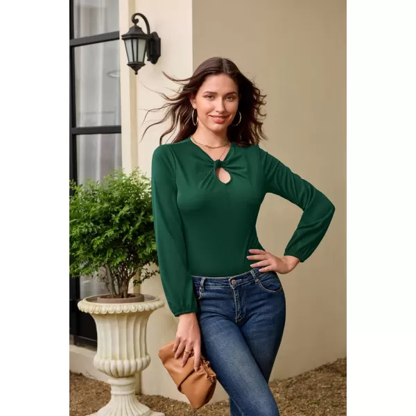 GRACE KARIN Womens Casual Long Sleeve Front Twist Knot Blouse Cutout Keyhole V Neck Solid Fall Tee Shirts Tunic TopsBlackish Green